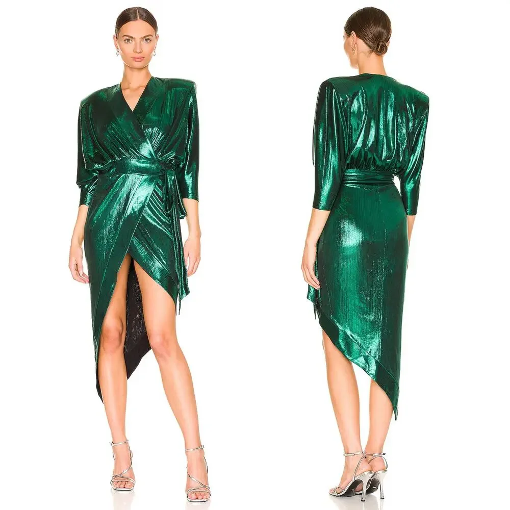 Zhivago Picture This Wrap Dress Women’s 6 Emerald Metallic Shoulder Pad Midi - Picture 1 of 5